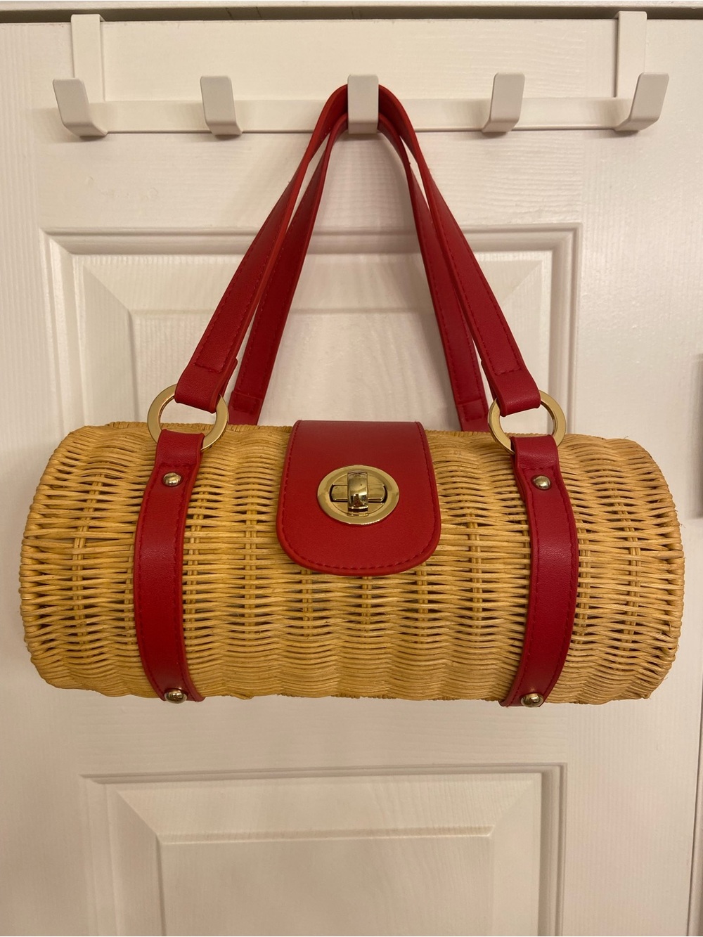 Topshop Woven Barrel Tote with Red Trim